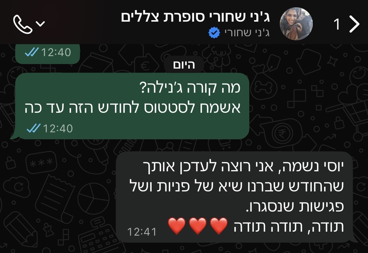 הודעת וואטסאפ מסופרת צללים: החודש שברנו שיא של פניות ושל פגישות שנסגרו